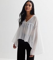 New Look White Embroidered Spot Chiffon Wide Sleeve Blouse